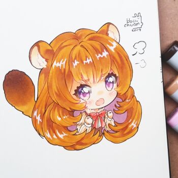 1girl animal_ear_fluff animal_ears art_tools_in_frame artist_logo artist_name blunt_bangs blush brown_dress chibi collared_dress commentary_request dated dress eyelashes high_collar highres ibi_chuan layered_dress logo long_hair long_sleeves looking_at_viewer marker_(medium) metal_wrist_cuffs neck_ribbon orange_hair photo_(medium) pinstripe_dress pinstripe_pattern purple_eyes raccoon_ears raccoon_girl raccoon_tail raphtalia red_ribbon ribbon signature sleeveless sleeveless_dress solo spanish_commentary tail tate_no_yuusha_no_nariagari traditional_media upper_body v-shaped_eyebrows white_background white_dress