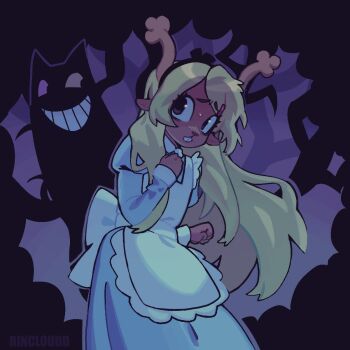 1girl alice's_adventures_in_wonderland alice_(alice_in_wonderland) alice_(alice_in_wonderland)_(cosplay) animal_ears animification antlers apron black_hairband blonde_hair blue_dress bow brown_eyes cheshire_cat_(alice_in_wonderland) commentary cosplay deer_antlers deer_ears deer_girl deltarune dress furry furry_female hairband hashtag-only_commentary highres horns juliet_sleeves long_hair long_sleeves noelle_holiday puffy_sleeves rincloudd solo_focus spamton_g._spamton teeth upper_body utdr_(toby_fox) very_long_hair white_apron white_bow