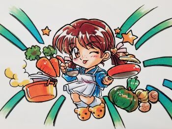 Rule 34 | 1girl, :p, adachi taeko, animal slippers, apron, bear hair ornament, bear slippers, bell pepper, blue sailor collar, blue serafuku, blue shirt, blue skirt, brown eyes, brown hair, carrot, chibi, chibi only, closed mouth, commentary request, cooking pot, food, frying pan, hair ornament, hair ribbon, hands up, highres, holding, holding frying pan, holding ladle, kokomahi, ladle, looking at viewer, low twintails, official art, omelet, one eye closed, onion, pink ribbon, pleated skirt, potato, ribbon, sailor collar, school uniform, sentimental graffiti, serafuku, shirt, short hair, short twintails, skirt, slippers, smile, socks, solo, squash, star (symbol), steam, tongue, tongue out, traditional media, twintails, white apron, white socks