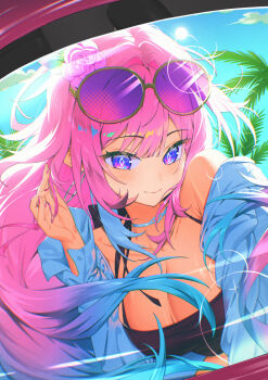 Rule 34 | 1girl, alternate costume, bare shoulders, black shirt, blue hair, blue sky, breasts, chyanu, cleavage, closed mouth, commentary, cyrene (demiurge) (honkai: star rail), cyrene (honkai: star rail), day, diamond-shaped pupils, diamond (shape), earrings, english commentary, eyewear on head, fingernails, flower, gradient hair, hair flower, hair intakes, hair ornament, hand up, highres, honkai: star rail, honkai (series), hoop earrings, jewelry, large breasts, long hair, looking at viewer, multicolored hair, nail polish, pink flower, pink hair, pink nails, pointy ears, purple-tinted eyewear, purple eyes, reflection, reflection focus, shirt, sky, smile, solo, sun, sunglasses, symbol-shaped pupils, tinted eyewear, upper body