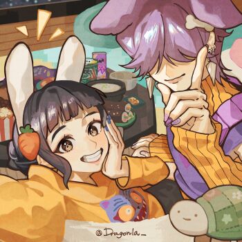 1boy 1girl animal_ears black_hair blue_nails blunt_bangs brown_eyes carrot_hair_ornament character_print cooking derpy_(kpop_demon_hunters) detached_sleeves dragonla earrings food-themed_hair_ornament grin hair_ornament hair_over_eyes highres jewelry kemonomimi_mode kpop_demon_hunters looking_at_viewer mystery_(kpop_demon_hunters) nail_polish orange_sleeves orange_sweater print_sweater purple_hair purple_nails purple_sweater_vest rabbit_ears short_bangs short_hair smile stuffed_turtle sweater sweater_vest teeth updo upper_body zoey_(kpop_demon_hunters)