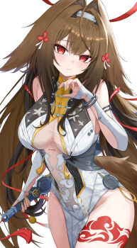 1girl absurdres animal_ear_fluff animal_ears armlet bare_shoulders blush bracelet breasts brown_hair brown_tail china_dress chinese_clothes closed_mouth clover clover_hair_ornament commentary_request cowboy_shot dress droopy_ears hair_ornament hairband hand_up highres holding holding_sword holding_weapon jewelry large_breasts leg_tattoo long_hair looking_at_viewer metal_bracelet red_eyes see-through_clothes see-through_dress silver_armlet silver_bracelet simple_background solo sword tail tattoo very_long_hair weapon white_background white_dress white_hairband ye_shunguang yellow_nails zenless_zone_zero zo_(nphm3333)