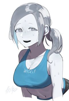 1girl bare_shoulders black_pants blue_sports_bra blue_tank_top blush bra breasts cleavage clothes_writing collarbone colored_skin crop_top cropped_torso dancho_no_mori dot_nose grey_eyes grey_hair grey_skin gym_shirt highres large_breasts leaning_forward long_hair looking_at_viewer medium_breasts midriff navel nintendo no_bra open_mouth pants ponytail shirt sidelocks signature simple_background sleeveless smile solo spandex sports_bra sweat tank_top teeth underwear upper_body upper_teeth_only wavy_eyes white_background white_skin wii_fit wii_fit_trainer wii_fit_trainer_(female) yoga_pants