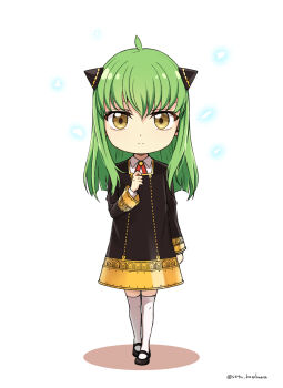 1girl ahoge anya_(spy_x_family) anya_(spy_x_family)_(cosplay) artist_name black_dress black_shoes c.c. chibi closed_mouth code_geass commentary_request cosplay dress eden_academy_school_uniform green_hair hairpods hand_up highres long_hair long_sleeves looking_at_viewer mary_janes school_uniform setu_kurokawa shoes solo spy_x_family thighhighs twitter_username watermark white_thighhighs yellow_eyes