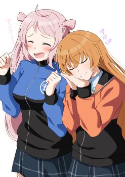 Rule 34 | 2girls, absurdres, ahoge, black jacket, black skirt, blue jacket, blue shirt, blush, closed mouth, collared shirt, hair rings, highres, jacket, konoe kanata, long hair, long sleeves, love live!, love live! nijigasaki high school idol club, multicolored jacket, multiple girls, nijigasaki school uniform, open mouth, orange hair, orange jacket, pink hair, pleated skirt, school uniform, shirt, sidelocks, simple background, skirt, sleeping, smile, standing, two-tone jacket, uchuu no mozuku, white background, zhong lanzhu