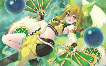 1girl animal_ears blonde_hair breasts crop_top detached_sleeves duel_monster feet_out_of_frame fox_ears fox_girl fox_tail green_eyes green_hair hand_fan highres hu-li_the_jewel_mikanko long_sleeves medium_breasts midriff nakazawa_aki navel short_hair_with_long_locks single_leg_pantyhose smile solo tail yu-gi-oh!