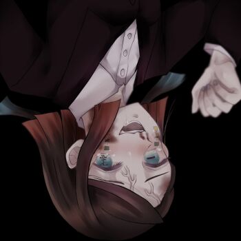 Rule 34 | 1boy, asymmetrical bangs, black background, black jacket, blood, blood on face, blue eyes, blurry, blurry foreground, blush, buttons, colored tips, commentary request, demon boy, drooling, enmu (kimetsu no yaiba), facial mark, fang, hand up, jacket, jinchouge 210, kimetsu no yaiba, long sleeves, looking at viewer, male focus, medium hair, multicolored hair, nosebleed, open mouth, portrait, purple nails, raised inner eyebrows, simple background, solo, suit jacket, symbol-shaped pupils, tearing up, tears facial mark, teeth, trap, undershirt, upside-down, variant set, veiny face