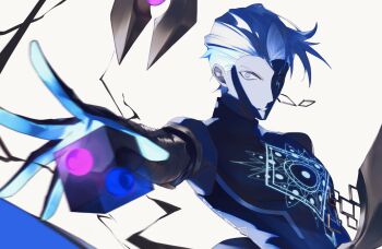 1boy blue_eyes colored_skin commentary_request cube earrings fate/grand_order fate_(series) grey_skin hair_slicked_back highres indra_(fate) indra_(third_ascension)_(fate) jewelry kyure_(12e344) male_focus single_earring white_hair