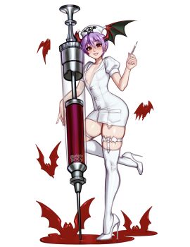 1girl artist_name bat_(animal) bat_wings blood blush blushyspicy breasts commentary darkstalkers demon_girl dress english_commentary fingernails grin hair_between_eyes hat head_wings high_heels highres holding holding_syringe holding_thermometer legwear_garter lilith_(darkstalkers) liquid-in-glass_thermometer looking_at_viewer nail_polish nurse nurse_cap o-ring_legwear_garter oversized_object puffy_short_sleeves puffy_sleeves pumps purple_hair purple_nails red_eyes shoes short_dress short_hair short_sleeves simple_background skull_and_crossbones small_breasts smile solo standing standing_on_one_leg syringe thermometer thigh_strap thighhighs white_background white_dress white_hat white_shoes white_thighhighs wings