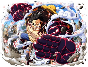 1boy abs attack barefoot black_hair blue_shorts bodskih city clenched_hands day destruction dressrosa full_body gear_fourth gear_fourth:_boundman haki_(one_piece) hat incoming_attack jumping looking_at_viewer monkey_d._luffy muscular non-web_source official_art one_piece one_piece_treasure_cruise open_mouth outdoors scar scar_on_chest shiny_skin short_hair shorts sky solo steam straw_hat transparent_background unworn_hat unworn_headwear