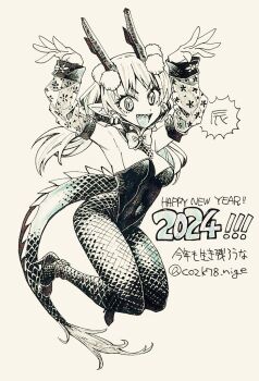 1girl :d ankle_flower ankleband arched_back armpits arms_up backless_leotard bare_shoulders bow bowtie breasts chinese_clothes cleavage clothing_cutout commentary_request covered_navel detached_collar detached_sleeves dot_nose dragon_girl dragon_horns dragon_tail earrings english_text eyebrows_hidden_by_hair fishnet_pantyhose fishnets floating_hair floral_print flower full_body fur-tipped_tail greyscale grin high_collar high_heels highleg highleg_leotard horn_ornament horns jewelry jumping knees_together_feet_apart large_ears leaning_forward legs_up leotard long_eyelashes long_hair long_sleeves looking_at_viewer medium_breasts monochrome multiple_earrings new_year open_hands open_mouth original pantyhose parted_bangs pointy_ears pom_pom_(clothes) scales sharp_teeth sideboob sidelocks simple_background sleeve_cuffs slit_pupils smile solo speech_bubble spines strapless strapless_leotard tail tail_through_clothes teeth thick_eyelashes thighs timestamp touma_rui traditional_media translation_request twitter_username v-shaped_eyebrows white_background wide-eyed