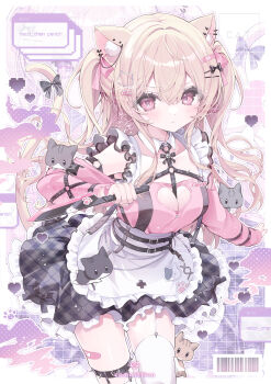 1girl absurdres animal_ear_fluff animal_ears apron bandaid bandaid_on_leg barcode bare_shoulders black_skirt blonde_hair blush bow cat cat_ears cat_girl cat_tail closed_mouth commentary_request cowboy_shot detached_sleeves double-parted_bangs frilled_apron frilled_skirt frills grid_background hair_between_eyes hair_bow highres holding holding_knife jirai_kei knife konpe_itou long_hair long_sleeves looking_at_viewer original pink_bow pink_eyes pink_shirt plaid_clothes plaid_skirt shirt skirt sleeveless sleeveless_shirt solo tail thighhighs twintails unmoving_pattern white_apron white_thighhighs