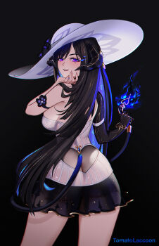 1girl alternate_costume artist_name ass ass_cutout black_background blue_fire breasts butt_crack clothing_cutout commentary demon_girl demon_horns demon_tail dress fire from_behind hat heart_cutout highres honkai:_star_rail honkai_(series) horns large_breasts looking_at_viewer looking_back mole mole_under_eye paid_reward_available purple_eyes see-through_clothes see-through_cutout solo tail the_dahlia_(honkai:_star_rail) thighs tomatolaccoon white_dress white_hat