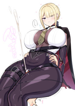 ... 1boy 1girl black_pants blonde_hair blush breasts cum curvy evelyn_chevalier hair_over_one_eye highres jakko large_breasts necktie pants projectile_cum purple_eyes shota thick_thighs thigh_sex thigh_strap thighs wide_hips zenless_zone_zero