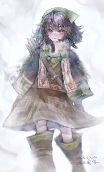 1girl ainu_clothes aqlio black_hair boots braid braided_sidelocks commentary_request green_headscarf headscarf highres looking_at_viewer pilika_(rune_factory) purple_eyes rune_factory rune_factory:_guardians_of_azuma