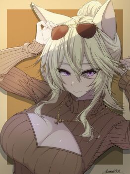 1girl absurdres animal_ears blonde_hair breasts brown_sweater cat_ears cat_girl cleavage closed_mouth commentary eyewear_on_head hair_between_eyes highres jewelry kage_no_jitsuryokusha_ni_naritakute! kage_no_jitsuryokusha_ni_naritakute!_master_of_garden large_breasts long_hair long_sleeves looking_at_viewer open-chest_sweater pendant ponytail purple_eyes ronron2439 smile solo sweater symbol-only_commentary turtleneck turtleneck_sweater zeta_(kagejitsu)