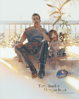 1boy 1girl avengers:_endgame avengers_(series) black_footwear black_hair black_pants blush brown_eyes burger character_name child day facial_hair father_and_daughter food glasses grey_pants grey_shirt hands_up heart heart_print helmet holding holding_burger holding_food leaf looking_at_another looking_down looking_up marvel marvel mian_lang morgan_stark one_eye_closed open_mouth outdoors pants shadow shirt shoes short_hair short_sleeves sitting sky t-shirt tony_stark tree white_shirt white_sky