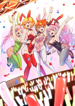 4girls :d ;d absurdres airani_iofifteen alternate_costume animal_ear_hairband animal_ears arm_up armpits ayunda_risu bare_arms bare_shoulders black_bow black_bowtie black_hairband black_leotard black_shoes blonde_hair blue_eyes bow bowtie breasts cleavage commentary commission cone_hair_bun confetti covered_navel detached_collar english_commentary fake_animal_ears fishnets glowstick green_bow green_bowtie green_eyes green_leotard green_thighhighs grey_hair grey_pantyhose hair_between_eyes hair_bun hair_ornament hairband hairclip hand_on_another&#039;s_shoulder high_heels highleg highleg_leotard highres holding holding_microphone hololive hololive_indonesia jumping kaela_kovalskia kghazir large_breasts leotard long_hair looking_at_another looking_at_viewer medium_breasts microphone multiple_girls nail_polish one_eye_closed open_mouth orange_hair pantyhose penlight_(glowstick) pink_bow pink_bowtie pink_hair pink_leotard playboy_bunny purple_eyes rabbit_tail red_bow red_bowtie red_eyes red_hairband red_leotard red_thighhighs shiny_skin shoes short_hair side_ponytail single_side_bun skindentation smile squirrel_ears squirrel_girl squirrel_tail stage standing standing_on_one_leg strapless strapless_leotard tail teeth thighhighs upper_teeth_only v very_long_hair vestia_zeta vgen_commission virtual_youtuber white_pantyhose wrist_cuffs yellow_hairband