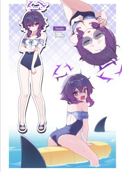 1girl blue_archive blue_one-piece_swimsuit bow breasts buoy casual_one-piece_swimsuit character_cutout cleavage deadnooodles english_text eyewear_on_head from_above hair_between_eyes halo haruka_(blue_archive) highres multiple_views one-piece_swimsuit plaid_background purple_eyes purple_hair purple_halo sandals scared shark solo swimsuit white_bow