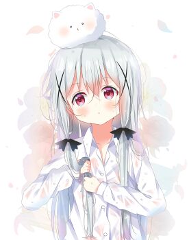 1girl :o angora_rabbit animal animal_on_head artist_name blush collared_shirt commentary_request crossover deyui dress_shirt floral_background gochuumon_wa_usagi_desu_ka? hair_between_eyes hair_ornament highres long_hair looking_away on_head parted_lips petals rabbit red_eyes see-through_clothes shirt sidelocks signature silver_hair sophie_twilight tippy_(gochiusa) tonari_no_kyuuketsuki-san upper_body very_long_hair wet wet_clothes wet_shirt white_background white_shirt wringing wringing_hair x_hair_ornament