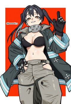 1girl absurdres artist_name bikini bikini_under_clothes black_bikini black_gloves black_hair black_jacket border breasts bright_pupils commentary cowboy_shot en'en_no_shouboutai firefighter_jacket gloves grey_pants grin hand_on_own_hip hand_up highres jacket komatsuki_n large_breasts long_hair looking_at_viewer navel open_clothes open_jacket orange_eyes outside_border pants red_background smile solo swimsuit tamaki_kotatsu twintails twitter_username white_border white_pupils