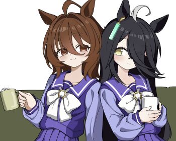 Rule 34 | 2girls, agnes tachyon (umamusume), ahoge, animal ears, black hair, blush, bow, bowtie, brown hair, coffee mug, collarbone, commentary, cup, ear tag, earrings, hair between eyes, highres, holding, holding cup, horse ears, horse girl, jewelry, kwnk zo 1129, long bangs, long hair, long hair between eyes, long sleeves, looking at viewer, manhattan cafe (umamusume), mug, multicolored hair, multiple girls, pleated skirt, purple sailor collar, purple serafuku, purple shirt, purple skirt, red eyes, sailor collar, sailor shirt, school uniform, serafuku, shirt, short hair, single earring, skirt, smile, sugar cube, symbol-only commentary, tracen school uniform, umamusume, very long hair, white bow, white bowtie, white hair, yellow eyes