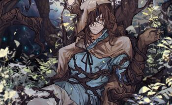 1boy absurdres against_tree alternate_costume beard_stubble blue_tunic branch brown_cloak brown_gloves brown_hair bug butterfly cigarette cloak closed_mouth collarbone covered_eyes cowboy_shot dappled_sunlight day e.g.o_(project_moon) expressionless eyepatch facial_hair feet_out_of_frame flower forest from_front frown glasses gloves glowing grass gregor_(project_moon) hair_between_eyes hair_down hair_intakes hair_over_one_eye half-closed_eyes hand_up highres holding holding_cigarette hood hood_up hooded_cloak horns in_tree insect jitome joints lantern_(e.g.o) laurels leaf leaning leaning_to_the_side limbus_company long_hair long_sleeves looking_at_viewer male_focus messy_hair nature official_alternate_costume one_eye_covered outdoors pants parted_bangs photoshop_(medium) plant plant_roots project_moon ribbon rimless_eyewear round_eyewear sanpaku shirt simple_background sitting sitting_in_tree sky smoke smoking solo stubble sunlight torn_clothes torn_tunic tree tree_horns tree_shade tunic upper_body white_flower white_pants wooden_arm yasuihiruya yellow_eyes