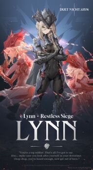 1girl black_bodysuit blonde_hair bodysuit braid breasts closed_mouth commentary company_name copyright_logo copyright_name covered_navel duet_night_abyss english_commentary english_text frown gun hair_between_eyes highres holding holding_gun holding_weapon logo looking_at_viewer lynn_(duet_night_abyss) multiple_views official_art profile sidelocks weapon yellow_eyes