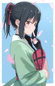 Rule 34 | 1girl, absurdres, azakura (beniyomogi), black gloves, black hair, blue background, border, closed mouth, commentary request, falling petals, film grain, finger to mouth, fingerless gloves, from side, gloves, green kimono, hand up, highres, index finger raised, japanese clothes, kimono, long sleeves, looking to the side, love live!, love live! nijigasaki high school idol club, mifune shioriko, outside border, petals, ponytail, red eyes, short hair, sidelocks, simple background, smile, solo, standing, upper body, white border