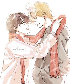 Rule 34 | 2boys, :d, ahoge, ash lynx, banana fish, black hair, blonde hair, brown eyes, closed mouth, commentary request, dressing another, eye contact, from side, green eyes, grey hoodie, hands in pockets, highres, hood, hood down, hoodie, jacket, long sleeves, looking at another, male focus, multiple boys, okumura eiji, open mouth, plaid clothes, plaid scarf, profile, red scarf, scarf, shared clothes, shared scarf, short hair, simple background, smile, standing, twitter username, upper body, white background, white jacket, yaoi, ykmr (haga)