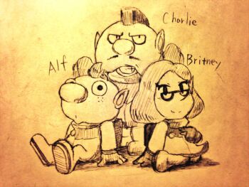 Rule 34 | 1girl, 2boys, :o, alph (pikmin), backpack, badge, bag, big nose, brittany (pikmin), character name, charlie (pikmin), closed mouth, facial hair, freckles, gloves, graphite (medium), greyscale, grin, hand on ground, hand on own chest, hands on another's head, hands on ground, looking at viewer, miniskirt, mohawk, monochrome, multiple boys, mustache, nintendo, no headwear, open mouth, parted lips, photo (medium), pikmin (series), pikmin 3, shadow, short hair, sitting, skirt, smile, spacesuit, standing, traditional media, very short hair, wariza, yamato koara