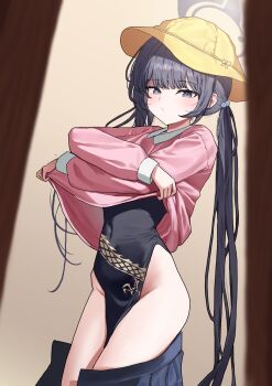 1girl absurdres black_dress black_hair blue_archive blush china_dress chinese_clothes closed_mouth covered_navel dragon_print dress grey_eyes hair_ornament halo hat highres kisaki_(blue_archive) kisaki_(kindergarten_uniform)_(blue_archive) long_hair looking_at_viewer school_hat solo twintails undressing