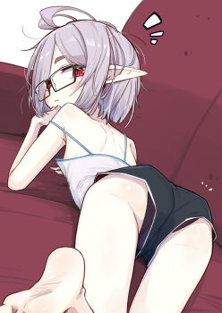 1girl ahoge ass barefoot black_shorts commentary_request couch glasses grey_hair highres letty_(ogami_kazuki) loli looking_at_viewer looking_back lying ogami_kazuki original pointy_ears red_eyes shorts soles solo