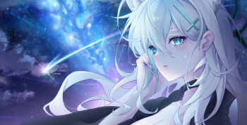 1girl animal_ear_fluff animal_ears black_choker black_shirt blue_archive blue_eyes breasts choker cleavage cross_hair_ornament crying crying_with_eyes_open extra_ears galaxy grey_hair hair_behind_ear hair_between_eyes hair_ornament highres long_hair looking_ahead mayoril night night_sky shiroko_terror_(blue_archive) shirt sky solo star_(sky) tears wolf_ears wolf_girl