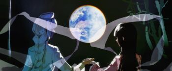 2girls bamboo black_hair braid commentary_request earth_(planet) from_behind holding_hands houraisan_kaguya multiple_girls pink_shirt planet shirt touhou white_hair white_shirt yagokoro_eirin yuri zeroko