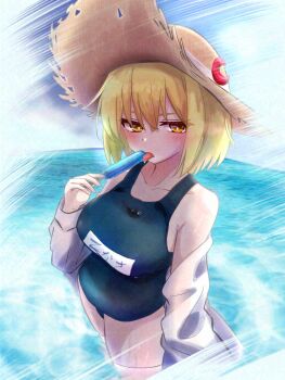 1girl ayu_yutyaso black_one-piece_swimsuit blonde_hair blush breasts bright_pupils brown_hat collarbone commentary_request crescent crescent_hat_ornament food hat hat_ornament highres holding holding_food holding_popsicle large_breasts looking_at_viewer lunasa_prismriver one-piece_swimsuit orange_eyes popsicle short_hair solo straw_hat swimsuit tongue touhou wading white_pupils