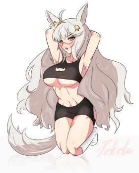 1girl absurdres ahoge alternate_costume animal_ears armpits artist_name bike_shorts biwa_hayahide_(umamusume) black_shirt black_shorts blush breasts cleavage commentary_request cropped_shirt ear_ornament grey_hair hair_ornament highres horse_ears horse_girl horse_tail large_breasts long_hair navel open_mouth peketar red-framed_eyewear semi-rimless_eyewear shirt shorts simple_background socks solo spade_hair_ornament stomach tail umamusume underboob very_long_hair white_background white_socks