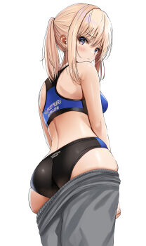 1girl absurdres ass bare_arms bikini black_bikini blonde_hair blush breasts brown_eyes clothes_pull commentary_request from_behind grey_pants highres long_hair looking_at_viewer medium_breasts original pants pants_pull parted_lips ponytail sidelocks simple_background sports_bikini sweatpants swimsuit track_uniform undressing white_background yukemuriganmo