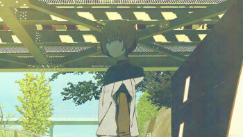 1boy absurdres adversarial_noise black_shirt blunt_bangs bridge brown_hair commentary_request dated drawstring fence film_grain from_side green_eyes grey_hoodie highres hood hood_down hoodie layered_sleeves long_sleeves looking_at_viewer male_focus mixed-language_text original outdoors sankakkee shirt short_hair short_over_long_sleeves short_sleeves sidelocks solo tree turning_head twitter_username under_bridge upper_body watermark