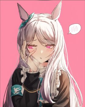 Rule 34 | 1girl, aijotooko, animal ears, aqua bow, aqua bowtie, armband, black jacket, blue armband, blush, bow, bowtie, commentary request, ear bow, ear ribbon, frilled jacket, frills, hand on own cheek, hand on own face, highres, horse ears, horse girl, jacket, long hair, long sleeves, mejiro mcqueen (frontline elegance) (umamusume), mejiro mcqueen (umamusume), parted lips, pink background, purple eyes, purple hair, ribbon, simple background, solo, speech bubble, sweat, umamusume, upper body