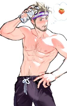 1boy abs bara beard black_pants blush bottle bulge casual cidolfus_telamon commentary covered_penis english_commentary erection erection_under_clothes facial_hair final_fantasy final_fantasy_xvi groin hand_on_own_hip headband holding holding_bottle image_in_thought_bubble large_pectorals looking_to_the_side male_focus mori_doremi muscular muscular_male mustache navel navel_hair nipples open_mouth pants peach_emoji pectorals short_hair simple_background solo sparse_chest_hair sweat topless_male white_background