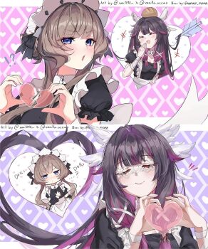 !? +++ ...? 2girls alternate_costume apron artist_collaboration artist_name black_bow black_dress black_hair blue_eyes blush bow broken_heart brown_hair closed_eyes columbina_(genshin_impact) commentary dress english_commentary eye_mask food food_on_head frilled_apron frilled_sleeves frills genshin_impact hair_bow hair_intakes hair_ribbon head_wings headdress heart heart_hands highres laughing long_hair maid_apron mask multicolored_hair multiple_girls object_on_head pink_hair puffy_short_sleeves puffy_sleeves ribbon sandrone_(genshin_impact) short_sleeves sidelocks smile two-tone_hair vanillashiii wai1010 waist_apron white_apron white_headdress white_ribbon white_wings wings yuri