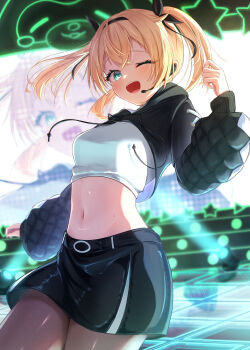 1girl absurdres aqua_eyes belt black_hoodie black_skirt blonde_hair blush brown_pantyhose commentary_request crop_top cropped_hoodie hair_ribbon headset highres hololive hood hood_down hoodie jewelry kazama_iroha kazama_iroha_(pop_dance) long_hair long_sleeves midriff miniskirt navel necklace official_alternate_costume one_eye_closed open_mouth pantyhose puffy_long_sleeves puffy_sleeves ribbon screen shirt skirt smile solo stage stage_lights stomach takotakochan_1006 twintails undershirt virtual_youtuber white_shirt white_skirt