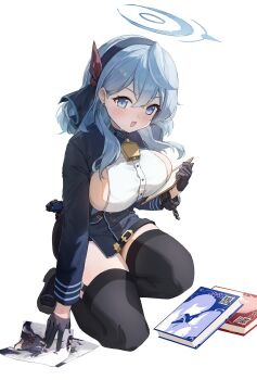 1girl absurdres ako_(blue_archive) black_gloves black_hairband black_thighhighs blue_archive blue_eyes blue_hair blue_halo book breasts earrings gloves hair_between_eyes hairband half_gloves halo highres jewelry kneeling lao_wo large_breasts long_hair long_sleeves looking_at_viewer open_mouth sideless_outfit sideless_shirt single_handcuff stud_earrings thighhighs white_background