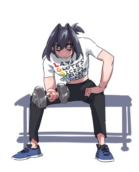 1girl alternate_costume anco_(platanity) bicep_curl black_hair black_pants blue_shoes dumbbell exercising highres holding holding_dumbbell hololive hololive_english ouro_kronii pants ponytail print_shirt shirt shoes simple_background sitting solo t-shirt tied_shirt virtual_youtuber white_background