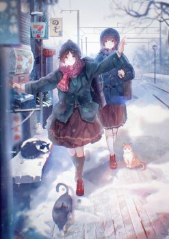 2girls 7-eleven absurdres bag black_bag black_goats blue_scarf breath brown_bag brown_eyes brown_hair brown_skirt cat commentary_request full_body gashapon green_jacket green_neckerchief hibike!_euphonium highres instrument_case_on_back jacket kasaki_nozomi kitauji_high_school_uniform liz_to_aoi_tori looking_at_another multiple_cats multiple_girls neckerchief outstretched_arms parted_bangs plaid_clothes plaid_scarf ponytail red_scarf scarf school_bag school_uniform sidelocks skirt smile snow snowman spread_arms yoroizuka_mizore