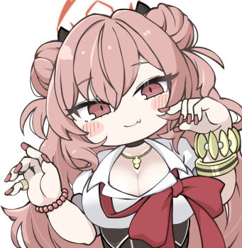 1girl bead_bracelet beads black_choker black_skirt blue_archive blush_stickers bracelet breasts brown_eyes brown_hair choker cleavage closed_mouth collared_shirt double_bun fang fang_out fingernails gyaru hair_between_eyes hair_bun halo hands_up high-waist_skirt highres horns jewelry kirara_(blue_archive) large_breasts long_fingernails long_hair looking_at_viewer miranofuudoria red_nails ring school_uniform shirt simple_background skirt smile solo two_side_up upper_body very_long_hair white_background white_shirt