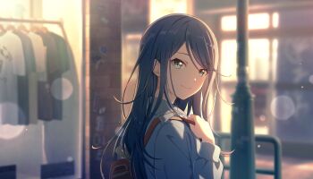 1girl black_hair black_shirt blurry blurry_background bokeh brown_bag closed_mouth clothes_hanger colorful_palette depth_of_field game_cg grey_eyes highres hoshino_ichika_(project_sekai) long_hair looking_at_viewer official_art project_sekai shirt smile solo third-party_source unsteady_still_steady_step_(project_sekai) white_shirt