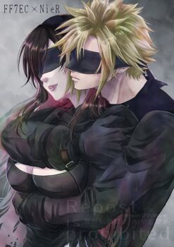 1boy 1girl 2b_(nier:automata) 2b_(nier:automata)_(cosplay) 9s_(nier:automata) 9s_(nier:automata)_(cosplay) arm_under_breasts black_choker black_dress black_gloves black_hair black_jacket blindfold blonde_hair breasts choker cleavage cleavage_cutout closed_mouth clothing_cutout cloud_strife cloud_strife_(scanner_ensemble) commentary_request company_connection cosplay couple covered_eyes dress earrings final_fantasy final_fantasy_vii final_fantasy_vii:_ever_crisis gloves heads_together hetero highres hug hug_from_behind jacket jewelry juliet_sleeves large_breasts lipgloss lips long_hair long_sleeves multicolored_hair nier:automata nier_(series) official_alternate_costume parted_lips pink_lips puffy_sleeves rain1217love red_hair short_hair single_sidelock spiked_hair stud_earrings tifa_lockhart tifa_lockhart_(battler_ensemble) turtleneck turtleneck_dress two-tone_hair upper_body