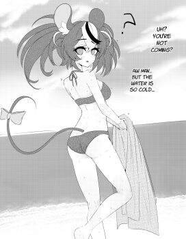 Rule 34 | 1girl, ?, absurdres, animal ears, ass, beach, bikini, cloud, commentary, day, double-parted bangs, english commentary, feet out of frame, greyscale, hair between eyes, hakos baelz, highres, holding, holding towel, hololive, hololive english, looking at viewer, looking back, mayoa, monochrome, mouse ears, mouse girl, mouse tail, multicolored hair, ocean, open mouth, outdoors, short hair, solo, streaked hair, swimsuit, tail, towel, virtual youtuber, water, wet
